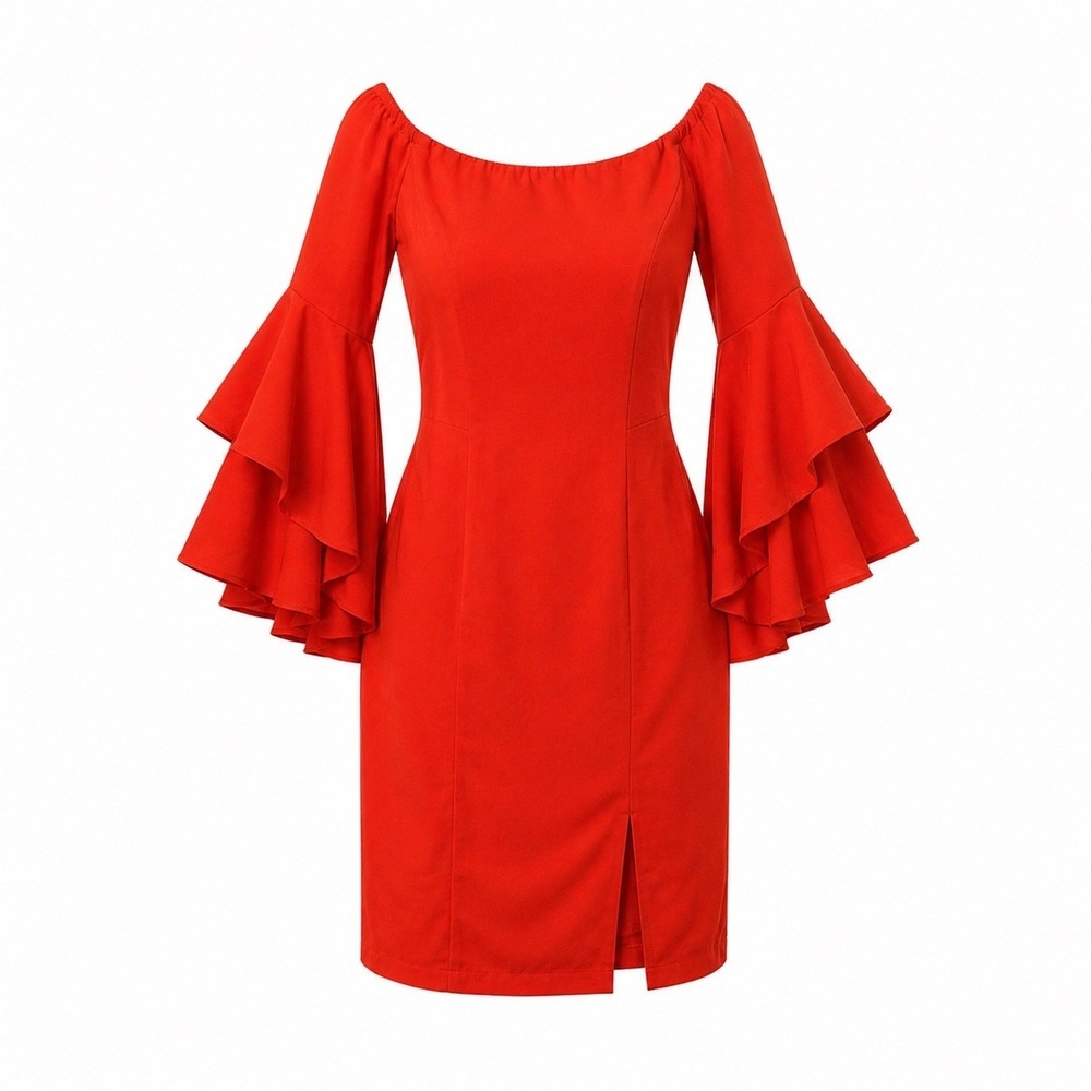 Venus Orange Off the Shoulder Tiered Bell Sleeve Sheath Dress Whimsical Sz. 2